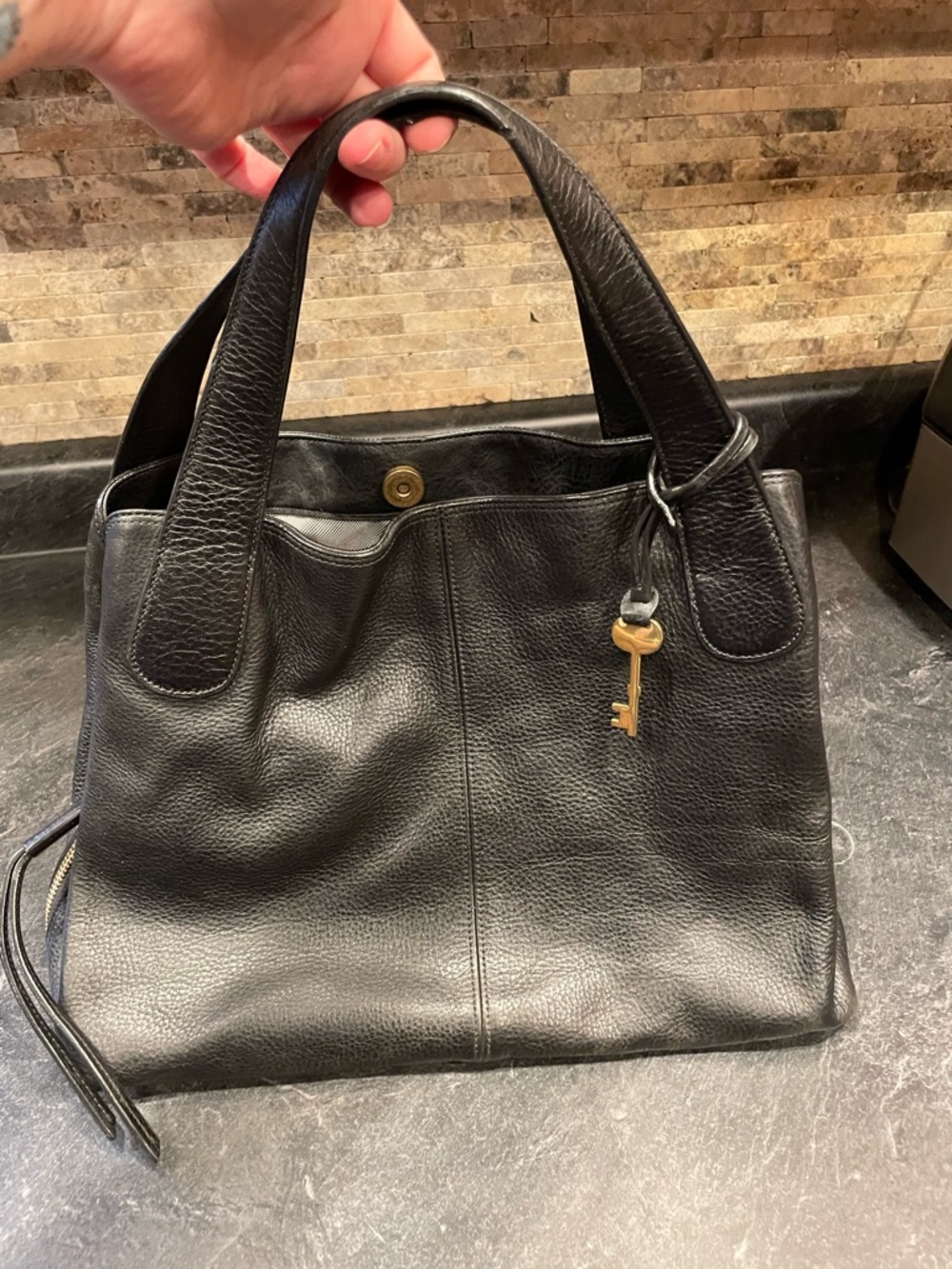 Fossil Black Pebbled Leather Tote with Key Charm